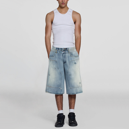 Vintage Washed Ripped Loose Wide Leg Men's Denim Shorts