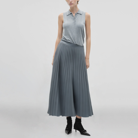Light blue zipper pleated casual fashion women's calf-length A-line skirt