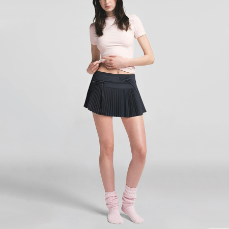 Solid color zipper fly front tie casual fashion mini A-line skirt